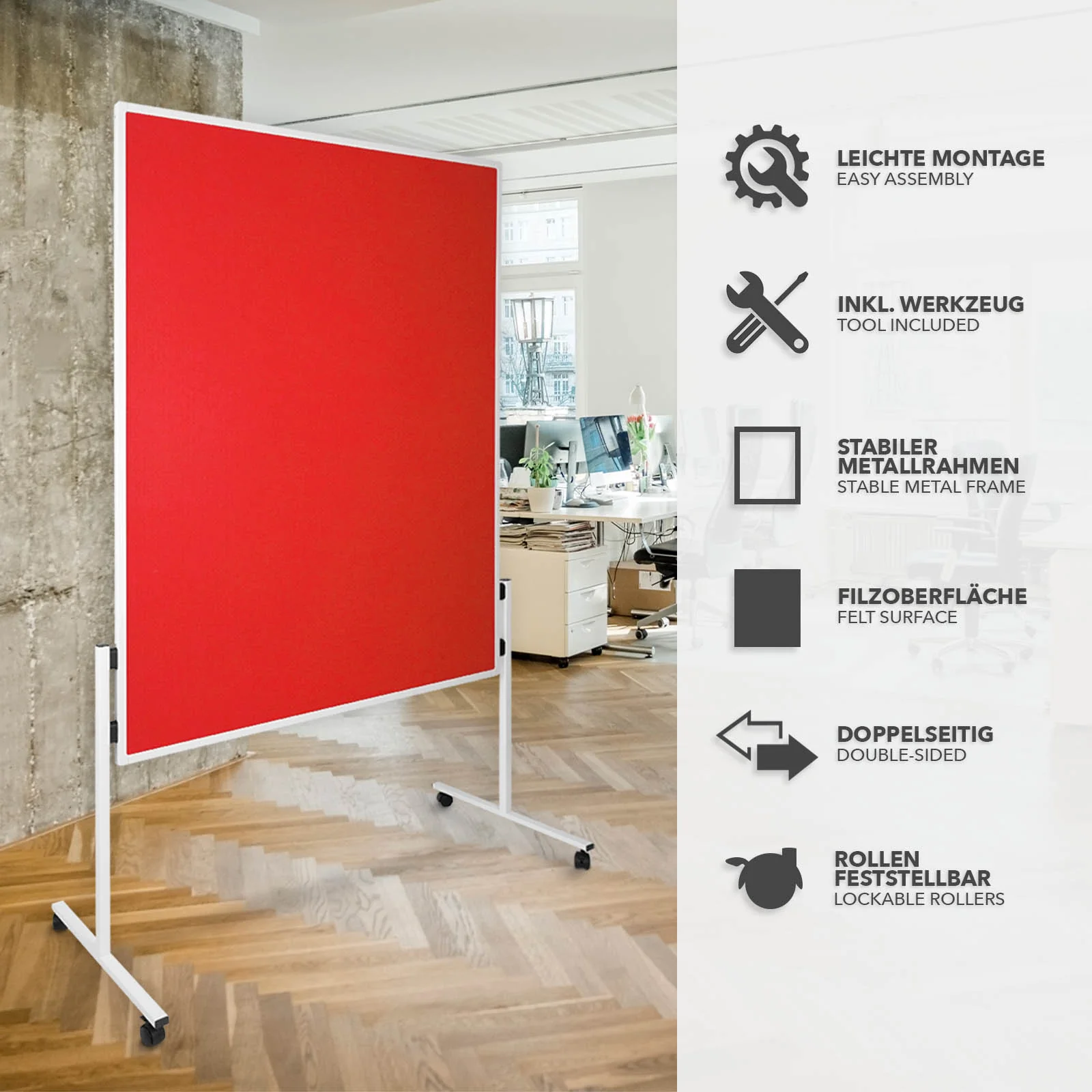 Filz-Moderationstafeln | Einteilig | Mit Rollen | 150x120 cm | 5 Farben - Image 10