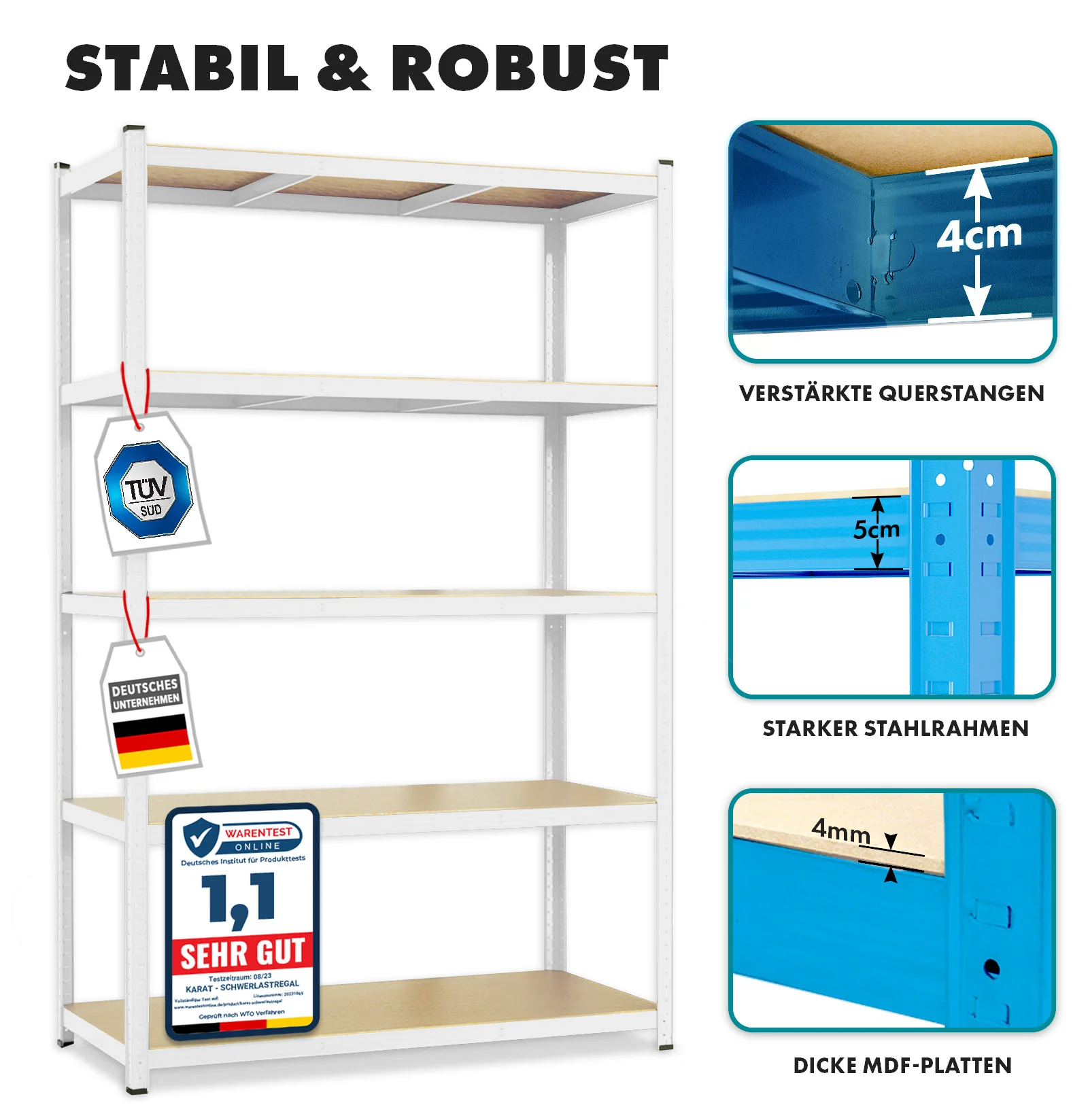 Schwerlastregal | Weiß | Gesamtlast: 875 kg | 4 Größen - Image 3