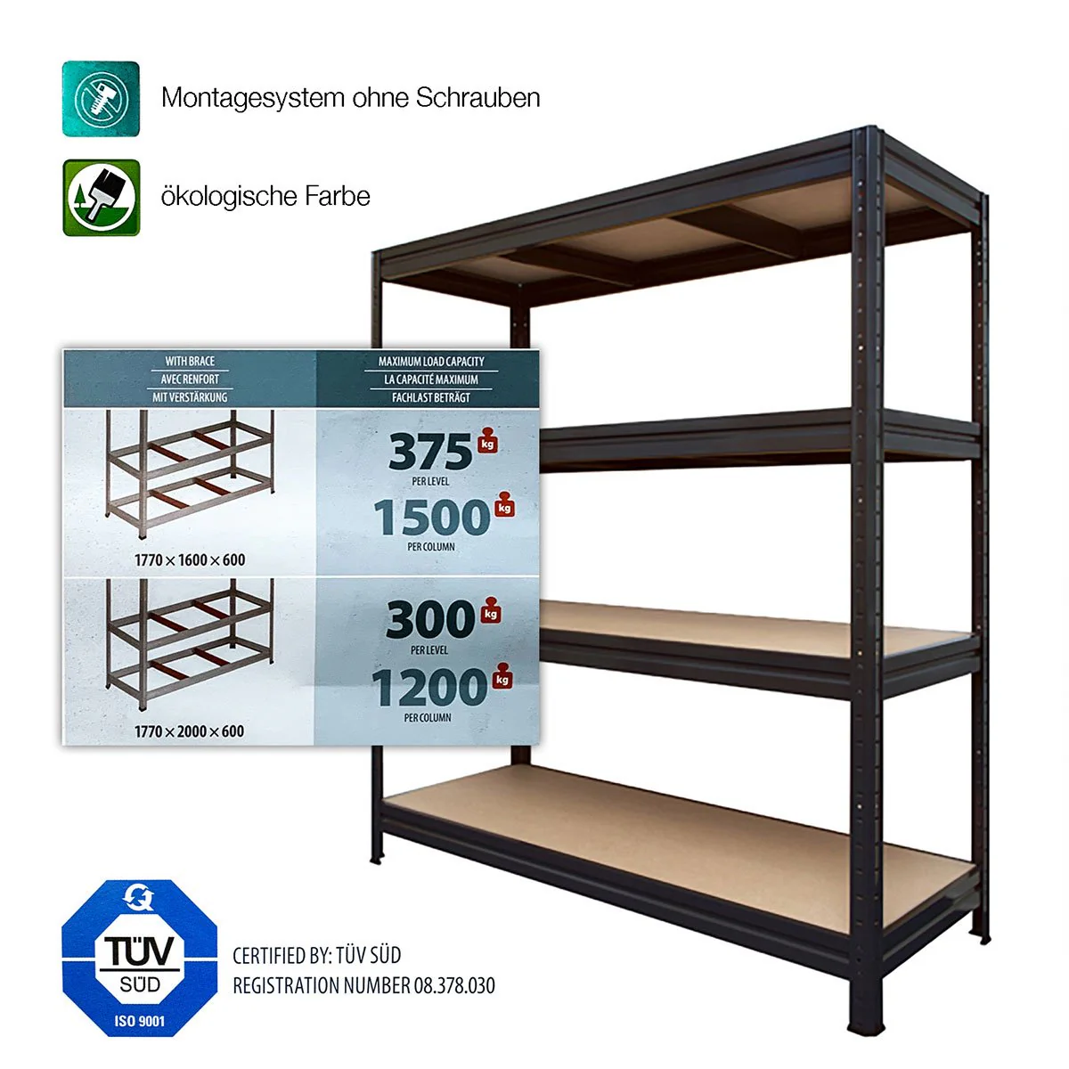 Weitspannregal | Schwerlastregal | Schwarz | Traglast bis 1500 kg - Image 3